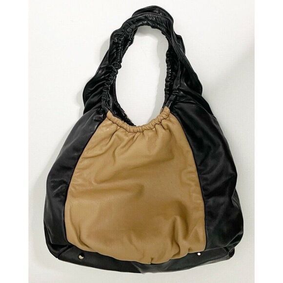 BE & D Soft Leather Hobo Shoulder Bag Camel Black Chain Strap Slouchy - Picture 3 of 5